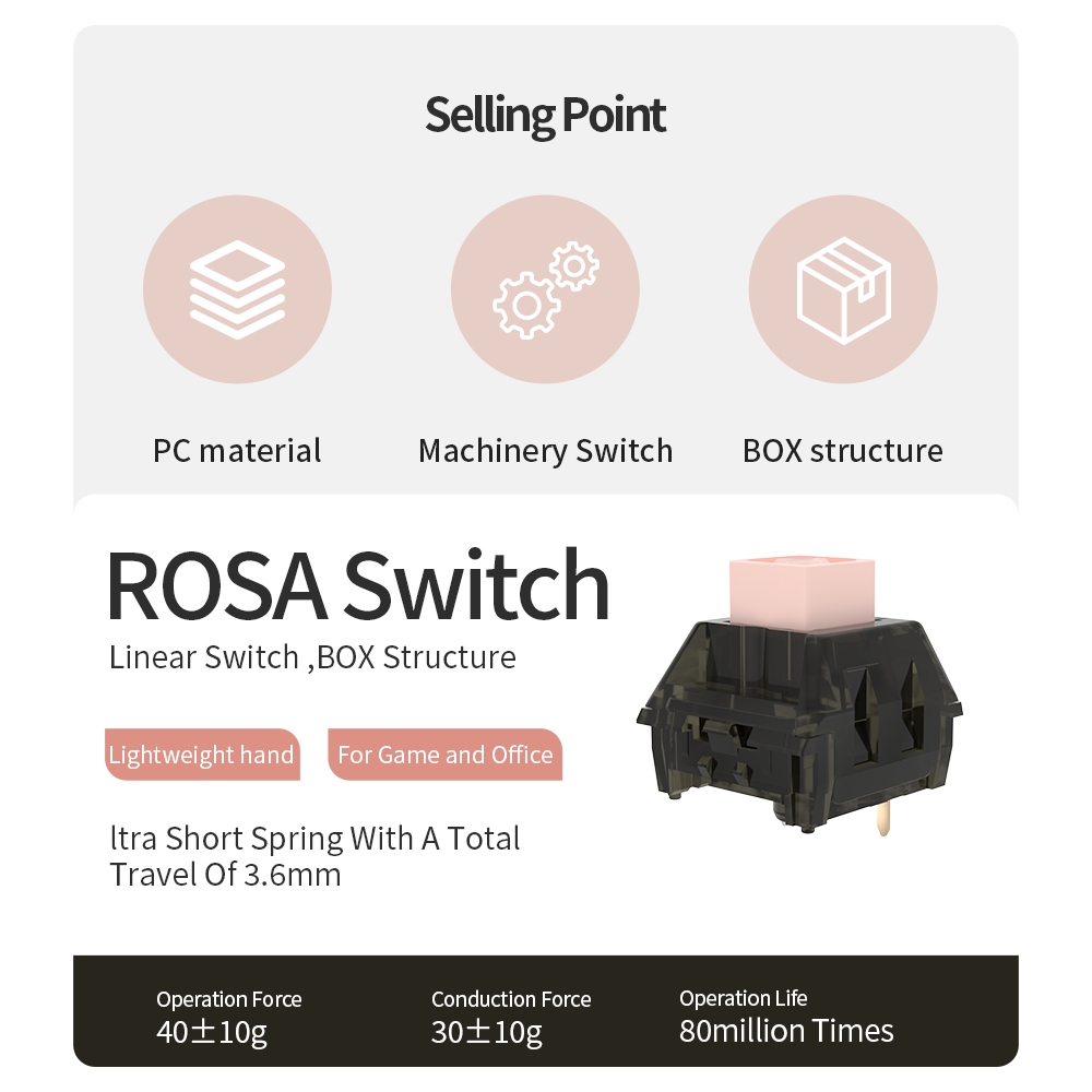 Kailh Box Rosa Switch Mechanical Keyboard Switch Linear Light Pressure 3Pins Switches for Game Office
