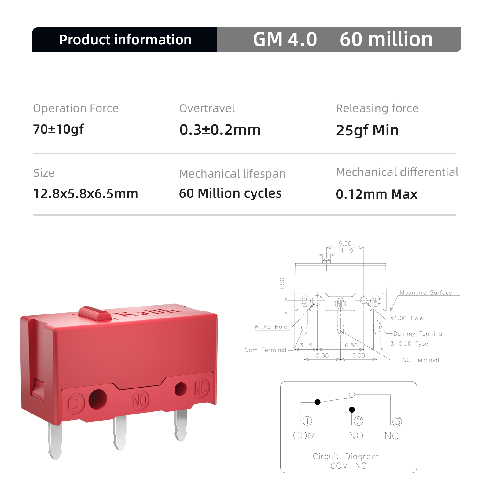 Kailh Micro Switch GM4.0 60M Life Gaming Mouse Micro Switch 3 Pins Red Dot Used On Computer Mice Left Right Button