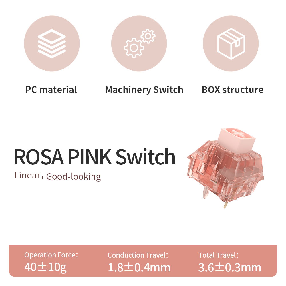 Kailh Rosa – interrupteur de clavier rose, personnalisé, échange à chaud, boîte de clavier mécanique, linéaire, 5 broches, pression légère 