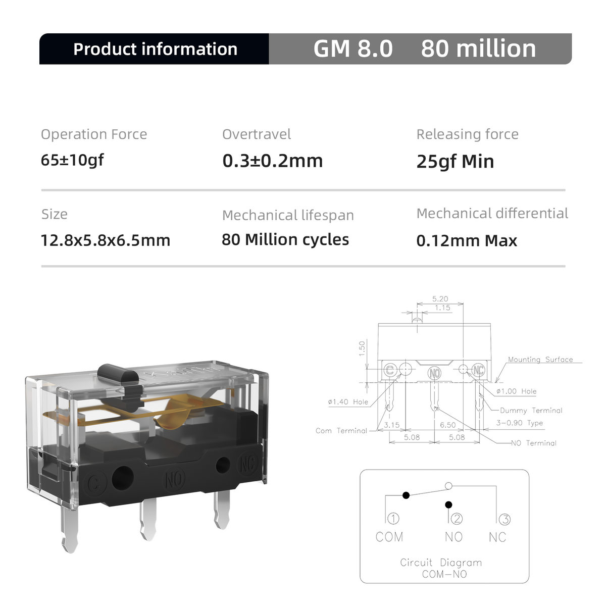 Kailh GM 8.0 Gaming Mouse Micro Switch 80M Life for Computer mice Left