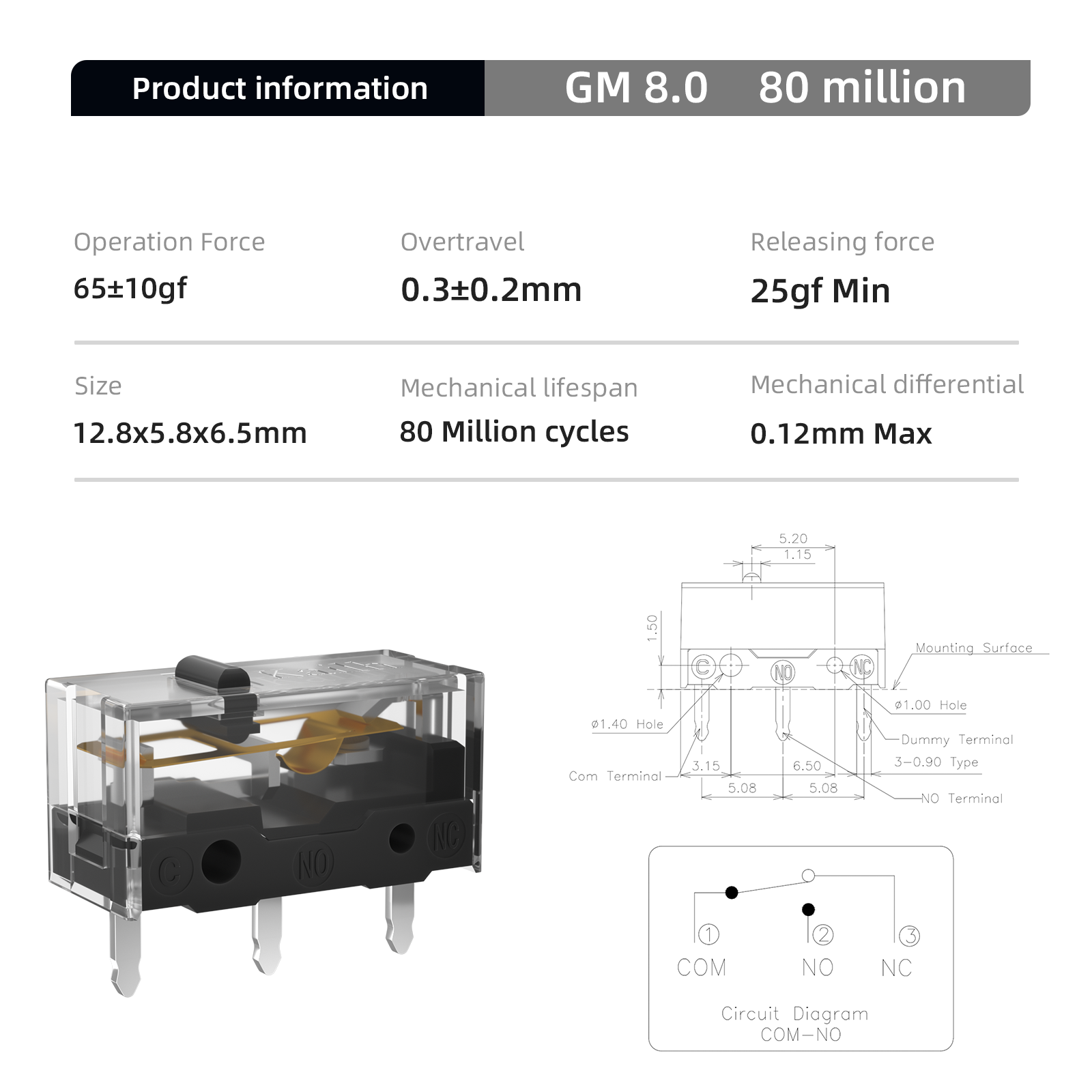 Kailh – Micro-interrupteur pour souris de jeu GM 8.0, durée de vie de 80M, pour souris d'ordinateur, bouton gauche et droit 